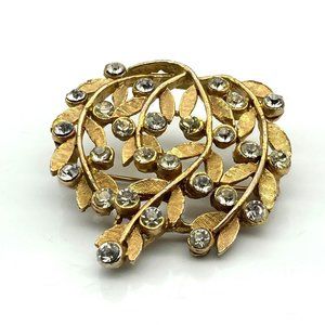 Brushed Gold Tone Vines Brooch with Sparkling Clear Crystal Berries or Blooms, L